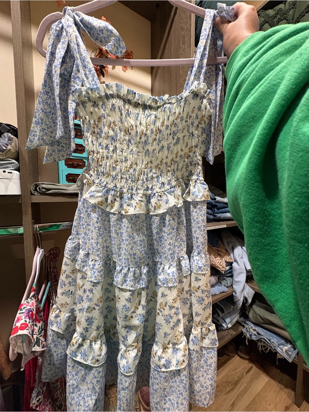 Blue and Cream Floral Tie-Shoulder Sundress